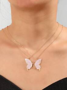 2 piezas/Set Collar de Mariposa de Doble Tono con Efecto de Goteo de Aceite, Cadena Creativa INS para Clavícula, Lindo & Versátil - Multicolor - Ver 2