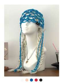 Gorro de Tricô com Lantejoulas, Gorro Vintage Britânico de Nicho com Estampa Floral para Mulheres, Gorro de Crochê Feito à Mão, Gorro de Tricô com Borlas Florais Estilo Boêmio Novo Hot Girl, Gorro Retrô Pullover, Gorro de Tricô Feito à Mão - Cordão de lantejoulas Black Label - Visão 15