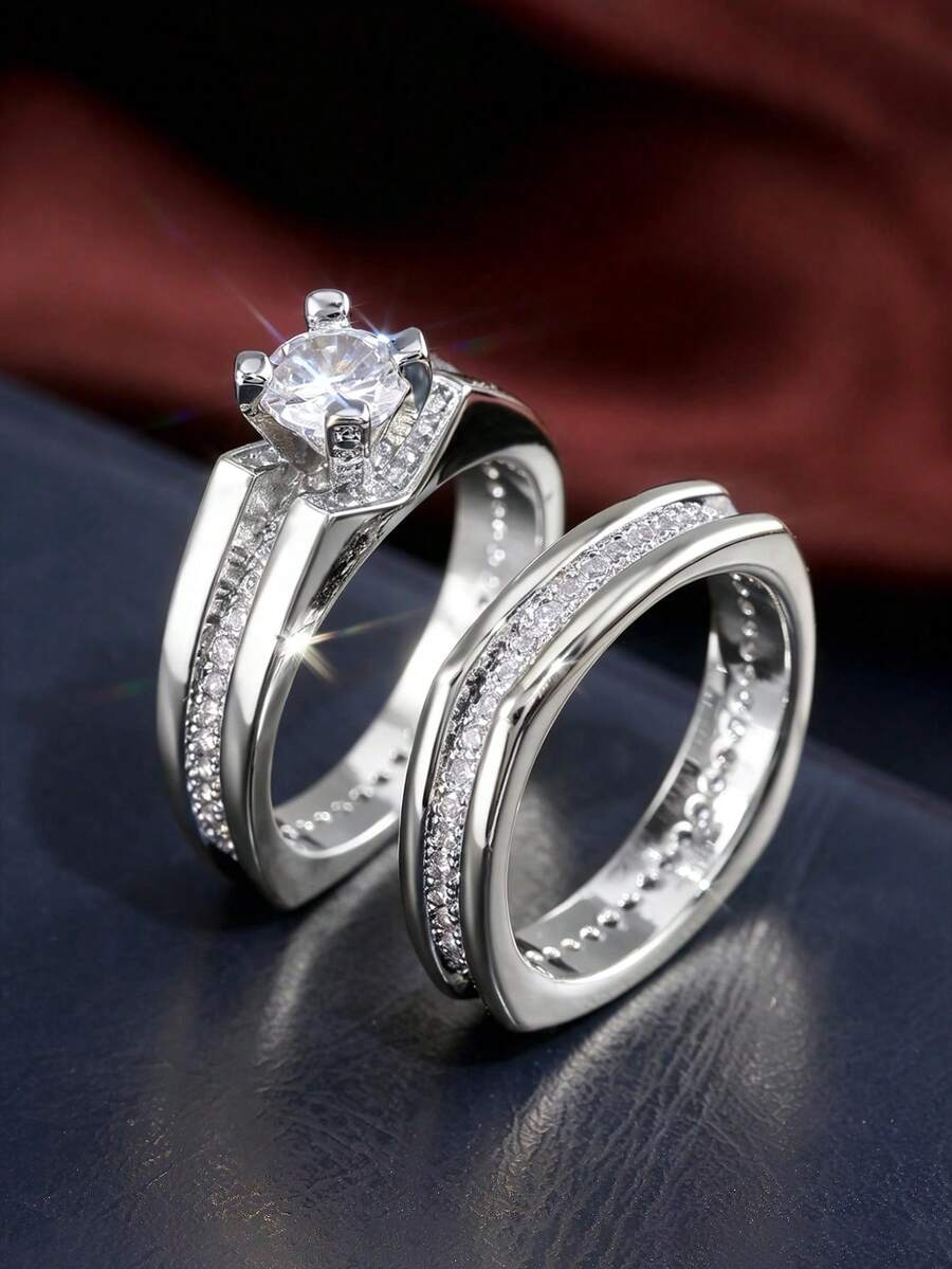 2件組時尚立方鋯石戒指套組,女款婚禮訂婚週年派對戒指飾品,情人節禮物 - 銀色 - 查看 1