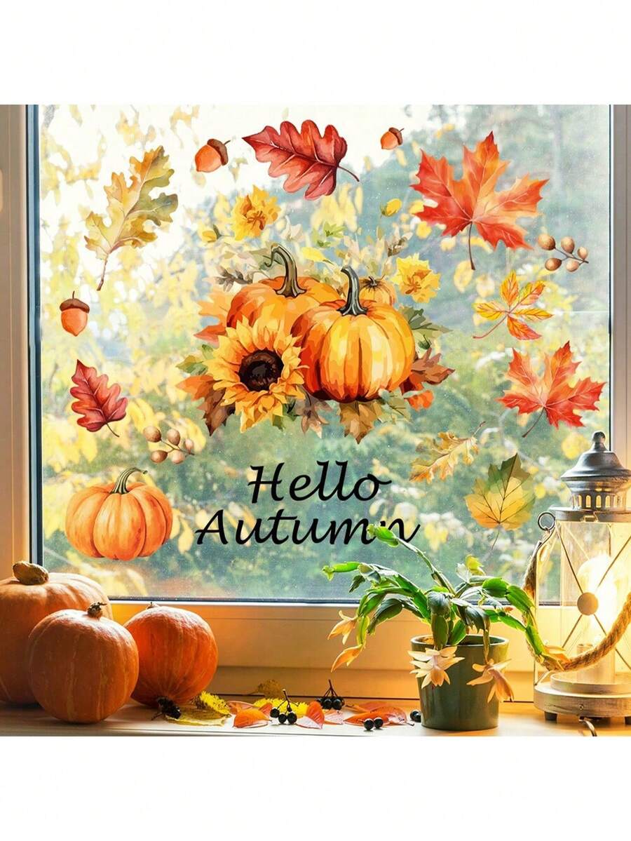 1PC Window Decorative Sticker Maple Leaf Pumpkin Flower Pattern Static Glass Sticker Easy To Apply Remove And Reuse Suitable For Living Room Bedroom Kitchen Window Home Decor Decorate Your Home Bring Holiday Atmosphere To Your Home Holiday Decoration Sticker Gift Birthday Graduation - Multicolor - View 1