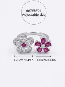 1pc Silver Fashion Luxury Shiny Cubic Zirconia Double Flower Adjustable Open Ring, Women's Daily Commute Date Vacation Jewelry Gift - Silver - View 6