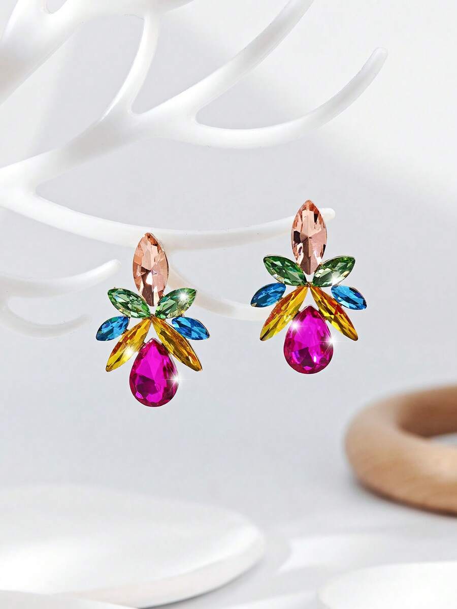 1 Pair Women's Teardrop-Shaped Colorful Floral Diamond Earrings Suitable For Going Out (Card For Reference Only, Card Random) - Color - View 1