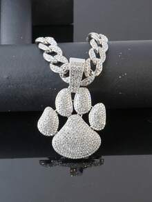 Men's Rhinestone Dog Paw Print Pendant Necklace, Full Rhinestone Cuban Chain Hip Hop Shiny Streetwear Jewelry, Gold & Silver - Dog Paw Pendant Necklace - View 7