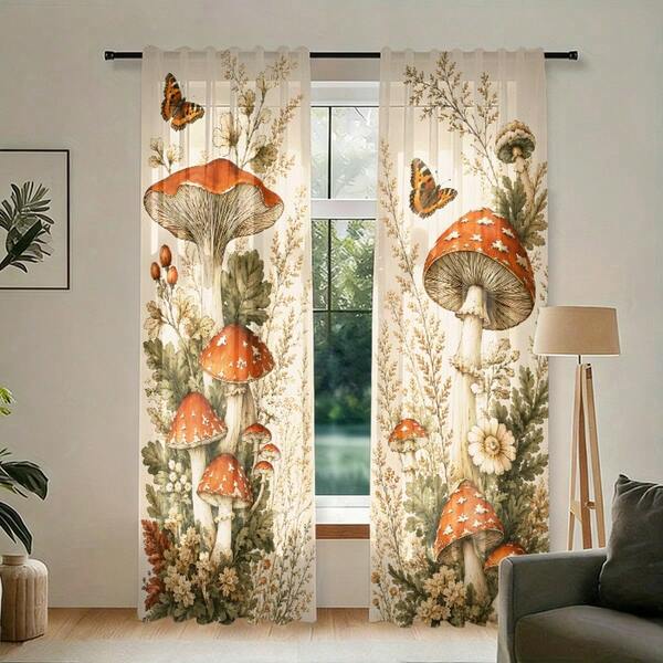 2pcs Vintage Watercolor Red Mushroom & Butterfly Print Decorative Curtains, No-Drill Rod Pocket Design, Easy Installation & Removable, Polyester Material, Suitable For Bedroom, Office, Kitchen, Living Room, Study, Home Decor