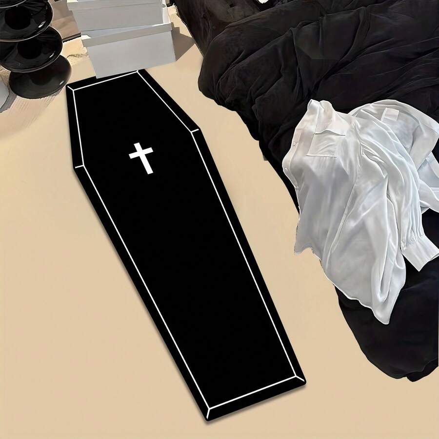 1 pieza Alfombra de ataúd negro de Halloween, duradera y lavable a máquina, adecuada para decoración de dormitorio interior, sala de estar, cocina, lavandería, alfombra de ataúd de Halloween, regalo de decoración festiva, felpudo, alfombra de sala de estar, alfombra, alfombra de área de sala de estar, alfombra de área pequeña, tapete, decoración del hogar, alfombra grande de sala de estar, alfombra redonda, decoración del hogar de sala de estar, decoración de habitación, alfombra lavable - A - Ver 1