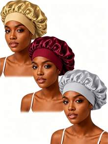 CONFLASS 3pcs Satin Wide Brim Sleep Cap/Hair Cover For Women, Assorted Colors, Suitable For Daily Use,Beach,Travel - Multicolor - View 22