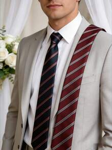 1pc Burgundy Striped Handmade Necktie, Suitable For Casual, Daily, And Streetwear - Multicolor - View 3