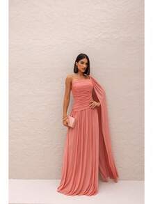 Long, One-Shoulder Party Dress In Dark Nude, Flowing Style, For Bridesmaids/Dates/Graduations/Guests. - Rose - View 4