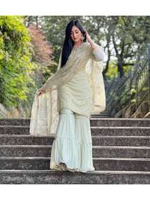 Beautiful Chinnon Punjabi Style Sharara Suit Women Ready To Wear Salwar Kameez With Dupatta - Multicolor - View 3