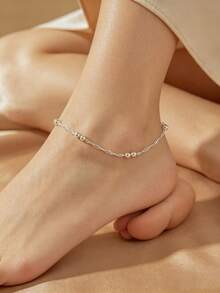 1pc Minimalist Charming Heart-Shaped Silver-Plated Water Wave Chain Double Bead Bell Anklet, Adjustable Jewelry For Women's Daily Wear - Silver - View 4