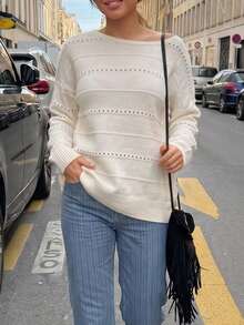Women's White Knit Pullover Sweater, Long Sleeve, Hollow Out Detail, Cute And Comfortable - Apricot - View 6