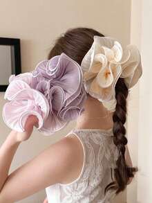 1pc Gentle Style Ruched Lace Scrunchie, Premium Oversized Hair Tie For Bun, High Elasticity Rubber Band Hair Rope - Multicolor - View 2