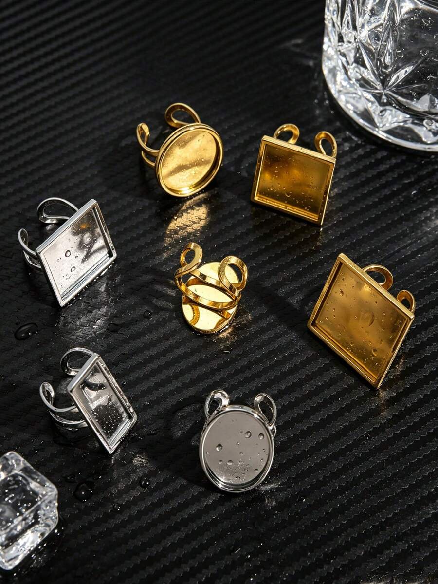 4件套不锈钢可调节圆形、方形、椭圆形戒指坯料底座珠宝制作材料 - 金黃色 - 查看 1