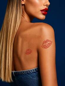 1pc Red Lip Print Rhinestone Sticker, Shiny Valentine's Day Temporary Face & Body Decoration, Sexy Synthetic Gemstone Lip Design Suitable For Party, Event, Photo, Party Accessories, Event Makeup, Bold Lip Shape Design, Glitter Effect, Rhinestone Embellishment, Suitable For Makeup, Eyes, Hair, Body, Carnival Accessories - A - View 8