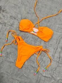 2026 Summer New Women's Beach Vacation Casual Elegant Sexy Orange Bandeau Halter Bikini Set With Beaded Details - Orange - View 2