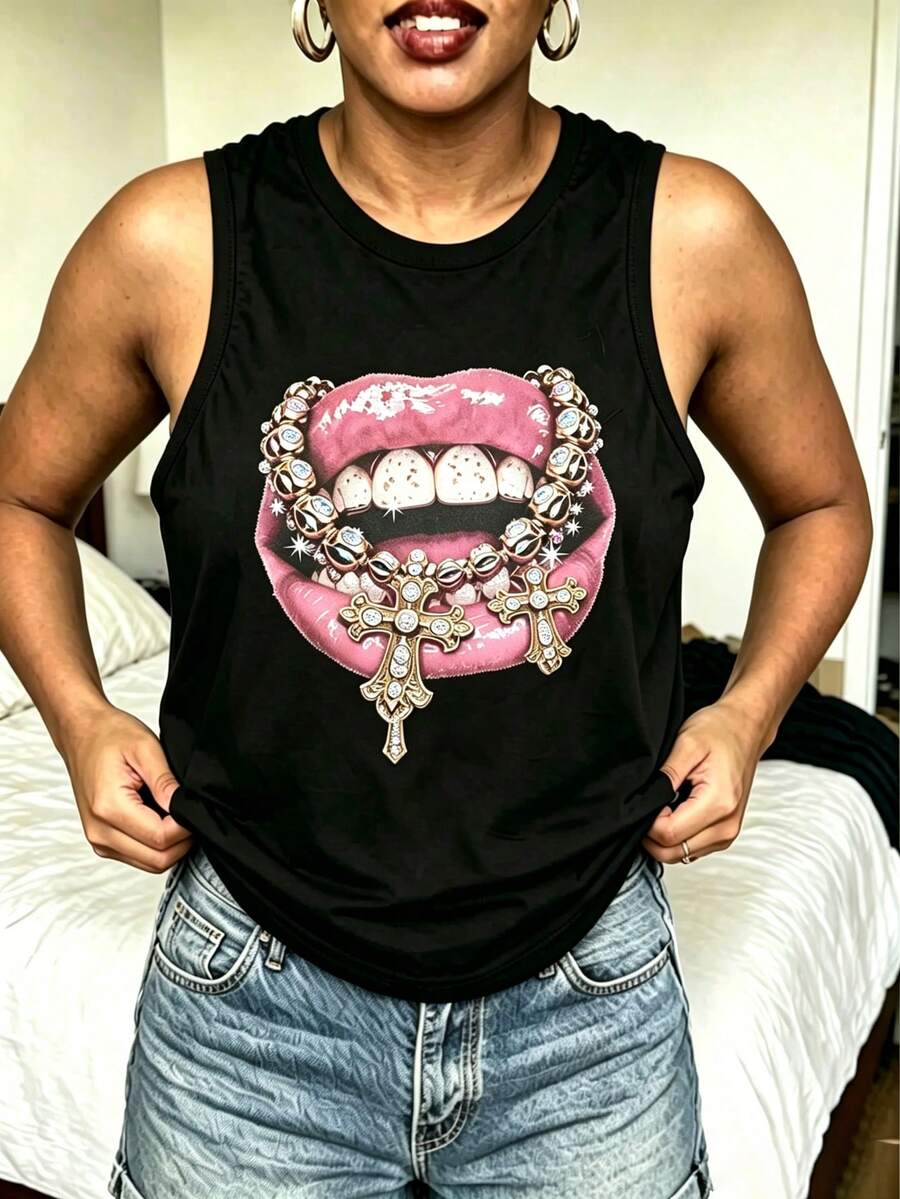 Women Round Neck Vest Top, Portrait Graphic Printed Top, Suitable For Spring, Summer And AutumnUnisex Vintage Washed Tank Top - 黑色4 - 查看 1