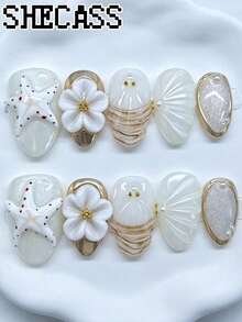 Shecass Almond 3D Ocean Beach Press On Nails, Handmade 3D Starfish Shell Flower Mermaid Tail Pearl Nude Gold Luxury False Nails Coastal Vacation Elegant Reusable Nail Set For Summer Seaside Wedding Daily Short Nails Back To School Graduation Y2k Gift - Multicolor - View 1