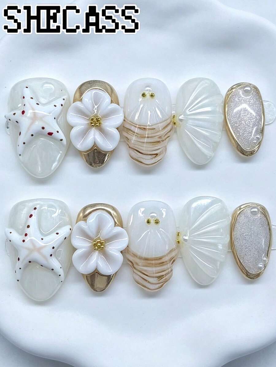 Shecass Almond 3D Ocean Beach Press On Nails, Handmade 3D Starfish Shell Flower Mermaid Tail Pearl Nude Gold Luxury False Nails Coastal Vacation Elegant Reusable Nail Set For Summer Seaside Wedding Daily Short Nails Back To School Graduation Y2k Gift - Multicolor - View 1