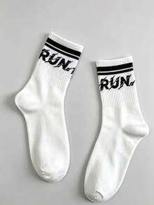 1 Pair White Mid-Calf Socks, Red SPORT Letter & Blue Stripe Design, 2026 FIFA World Cup Theme Print, Casual Street Style Sports Socks - Multicolor - View 4