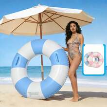 1 Adult Double Back-To-Back Floating Bed, Striped Inflatable Swim Ring For Water Park Floating, Lifebuoy (Handle Color Random), New Design Pink Inflatable Swim Ring With Handles, Summer White And Pink Inflatable Ring - 彩色 - 查看 5
