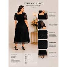 Vestido Evangélico Mídi Plissado Tule com Gripir e Cinto Elegante Modesto Feminino Premium - Preto - Visão 3