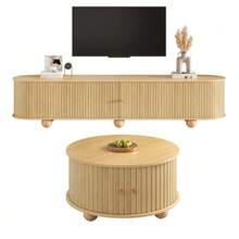 Coffee Table And TV Unit Set, Round Coffee Table With Curved TV Unit, Vertical Relief Structure, Sliding Doors, MDF Frame, Metal Handles, Spherical Metal Feet, Versatile Storage Space - 自然色 - 查看 7