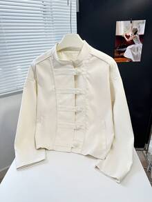 FGGG Women's Spring/Summer Drop-Shoulder Long Sleeve Small Stand Collar Elegant Old Money Style Short Woven Jacket, Beige - Beige - View 6