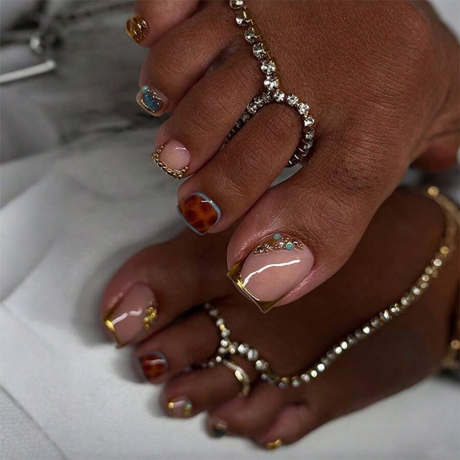 24Pcs Short Square Press-On Toenails, Nude Base With Thin Gold Metal French Frame, Tortoise Shell Print & Turquoise Rhinestone Mix Decor, Luxury Vintage Reusable False Toe Nail Kit For Summer Beach & Sandal Wear - Multicolor - View 1