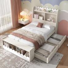 Children's Bed, Single Bed, Storage Bed With Drawers, Shelf And Bench With Storage Space, Wooden Bed 90x190 Cm - White - View 4
