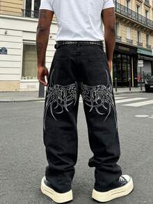 Men's Fashion Street Hip-Hop Vintage Embroidered Straight Leg Loose Wide Leg Denim Jeans Casual Long Pants - Black - View 2