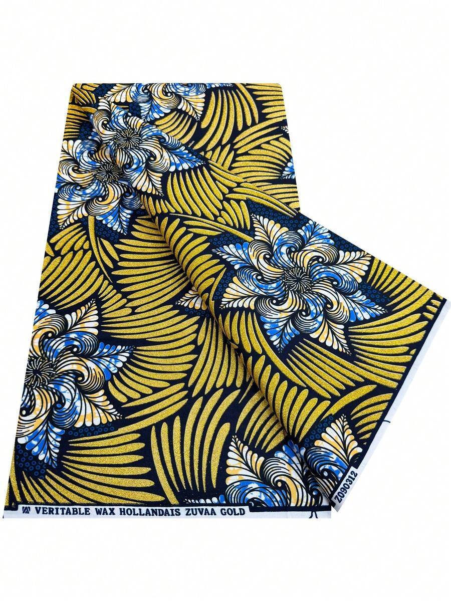 Black Gold Blue Glitter African Wax Print Fabric, Authentic Dutch Ankara Cloth, Spiral Floral Palm Leaf Pattern, Vibrant Printed Textile, Suitable For African Traditional Dresses, Headwraps, Skirts, Home Decor, Table Runners, Party Outfits And DIY Sewing - Multicolor - View 1