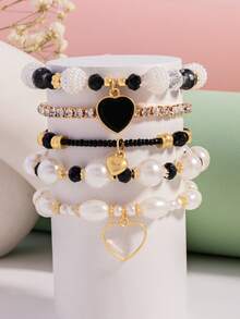5pcs/Set Handmade Beaded Bohemian Style Fashion Heart-Shaped Bracelets, Suitable For Children And Teenagers - Style 5 - View 5