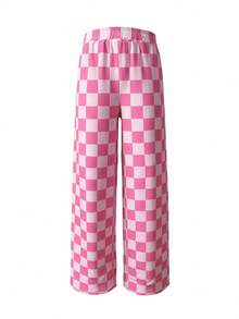Girls' Casual Random Cut Plaid Wide Leg Pants, Loose Thigh Fit, Soft, Suitable For Daily Wear, Back To School, Autumn/Winter - Pink - View 2