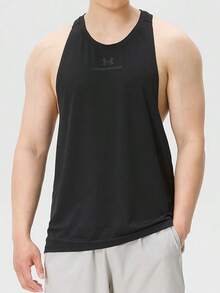 Under Armour UA Tech 系列 | 男士寬肩訓練運動無袖上衣，輕量快乾透氣高彈力寬鬆版型，側邊開衩 - 黑色 - 查看 1