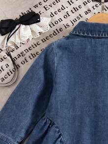 Baby Girls' Fashion Bow Collar Faux Pocket Half-Placket Long Sleeve Denim Dress - Dark Wash - View 6