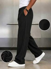 Men's Wear; 1 Pair Men's Loose Fashion Sports Long Pants, Minimalist Solid Color Wide Leg Casual Fit, Drawstring Waist Design, Large Pockets, Suitable For Daily Walking, Work, Travel And Other Occasions. A Perfect Father's Day Gift For Dad - Black - View 4