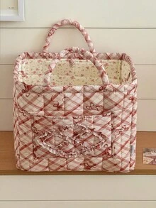 1Pc Bow Knot Quilted Storage Basket, Foldable Large Capacity Bag With Handle, Multifunctional Organizer For Cosmetics, Toys, Laundry & Home Decor - Multicolor - View 10