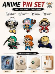 6pcs Anime "One Piece" Metal Enamel Brooches, Luffy & Zoro Version Cartoon Character Lapel Pins, Straw Hat Pirates Backpack & Jacket Decoration Collectibles - Multicolor - View 2