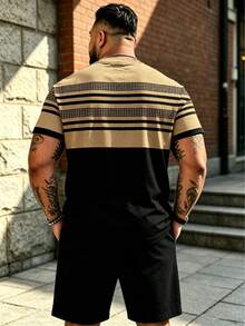 2pcs Plus Size Men's Khaki & Black Contrast Stripe Set | Plaid Patchwork Loose Short Sleeve Shorts 2-Piece Outfit, Summer Sports - Brown - View 2