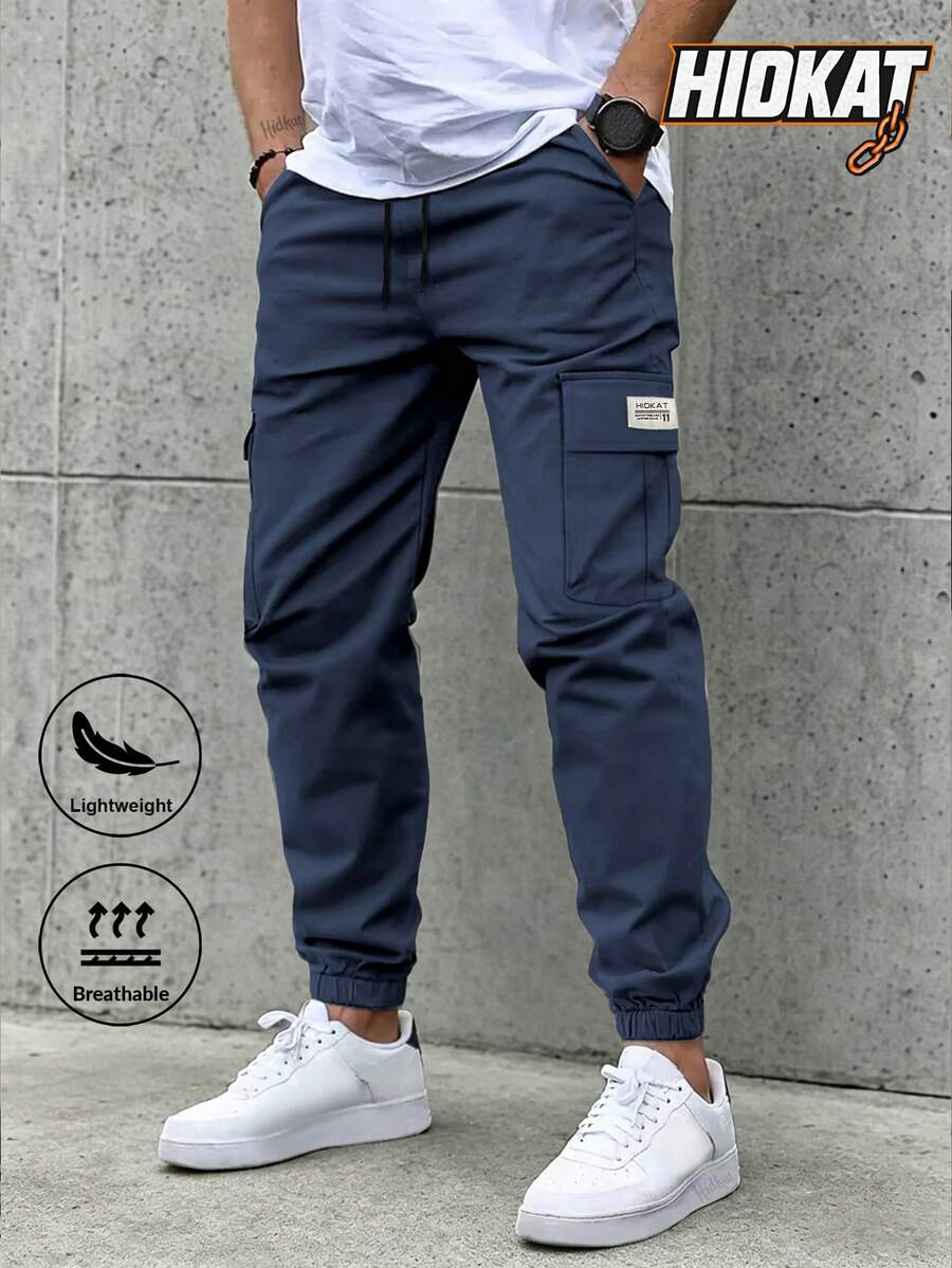 Men's Lightweight Casual Cargo Pants, Solid Color Multi-Functional With Drawstring Waist And Flap Pockets, Suitable For Outdoor Wear, Spring/Summer