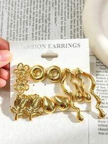 1 Paar - 10 Paar Damen-Ohrringe im europäischen & amerikanischen Stil, in Gold, mit Blumen-, Wassertropfen-, Sonnengott-, Herz- und Streifenmustern, geeignet für den täglichen Gebrauch, Treffen und Partys. - Gold - Übersicht 8