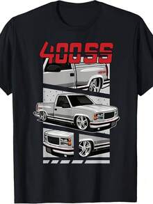 Camiseta gráfica de camioneta pickup 400SS en negro, diseño vertical de tres vistas, estampado detallado frontal, lateral y frontal, letras de bloque rojas con contorno blanco - Camiseta cas - Negro - Ver 1