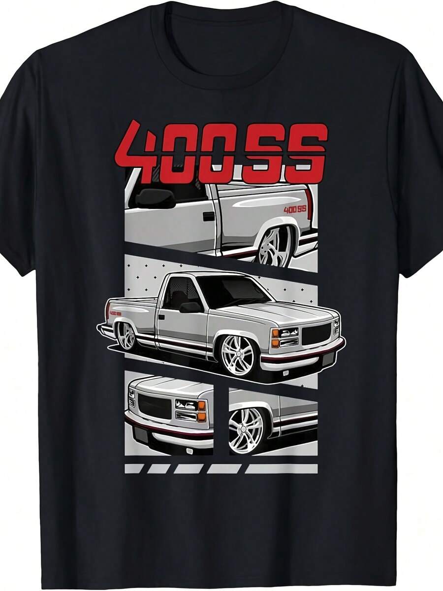 Camiseta gráfica de camioneta pickup 400SS en negro, diseño vertical de tres vistas, estampado detallado frontal, lateral y frontal, letras de bloque rojas con contorno blanco - Camiseta cas - Negro - Ver 1