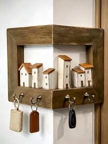 Rustic Wall-Mounted Key Rack With 4 Hooks, Wooden Entryway Storage Shelf, Suitable For Bedroom, Home Wall Display, Art Wall Storage, Handmade Decor, Farmhouse Style Entryway Hall Decor, Home Decoration, Wedding, Bathroom Decor, Kitchen Essentials - Multicolor - View 4