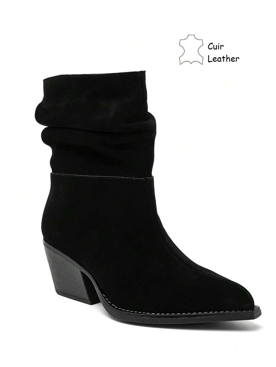 Bottines Plissées In Cuir Suédé à Bout Pointu – L'Élégance Citadine Authentique - Black - View 1