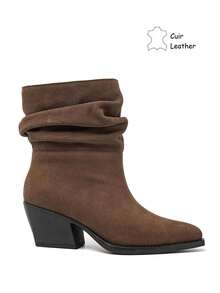 Bottines Plissées In Cuir Suédé à Bout Pointu – L'Élégance Citadine Authentique - Khaki - View 3