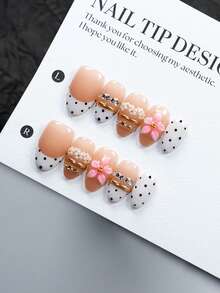 10 Pieces Of 100% Handmade White French Polka Dots, Each With A Unique Handmade Floral Gradient Surround Design. Reusable Handmade Fake Nails, Suitable For Women And Girls To Wear At Holiday Gatherings. Including 1 Nail File And 1 Piece Of Jelly Glue Handmade Press On Nails - Multicolor - View 3