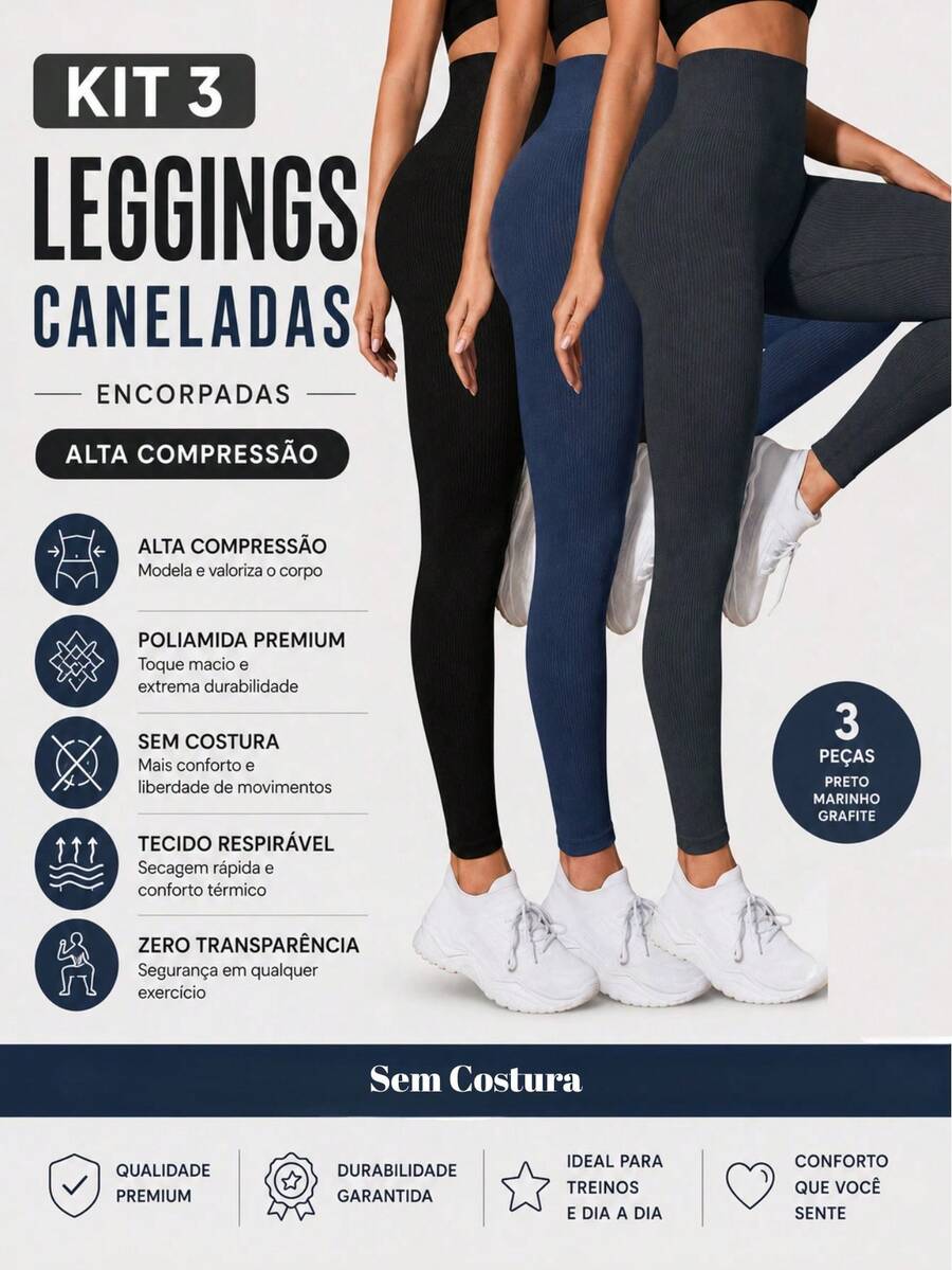 Set Of 3 Ribbed High-Waisted Leggings In High-Compression Polyamide - Pto/Marine/Lead - View 1
