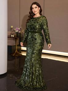 XUIBOL Plus-Size Sequined Long-Sleeved Round Neck Mermaid Gown, Elegant And Luxurious Evening Dress, Suitable For Formal Parties, Cocktail Parties - Olive Green - View 6