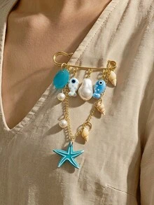 1pc Ocean Vacation Bohemian Brooch, Marine Life Ceramic Fish, Acrylic Starfish Pendant, Faux Pearl With Shell Pendant, Multi-Purpose Brooch Pin For Women - Multicolor - View 2